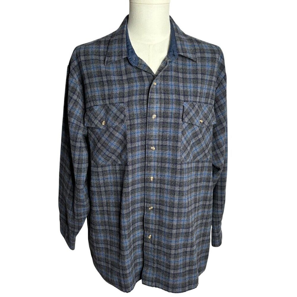 Vintage 90s Flannel Board Shirt XL Grey Blue Plaid Button Up Long Sleeve Pockets